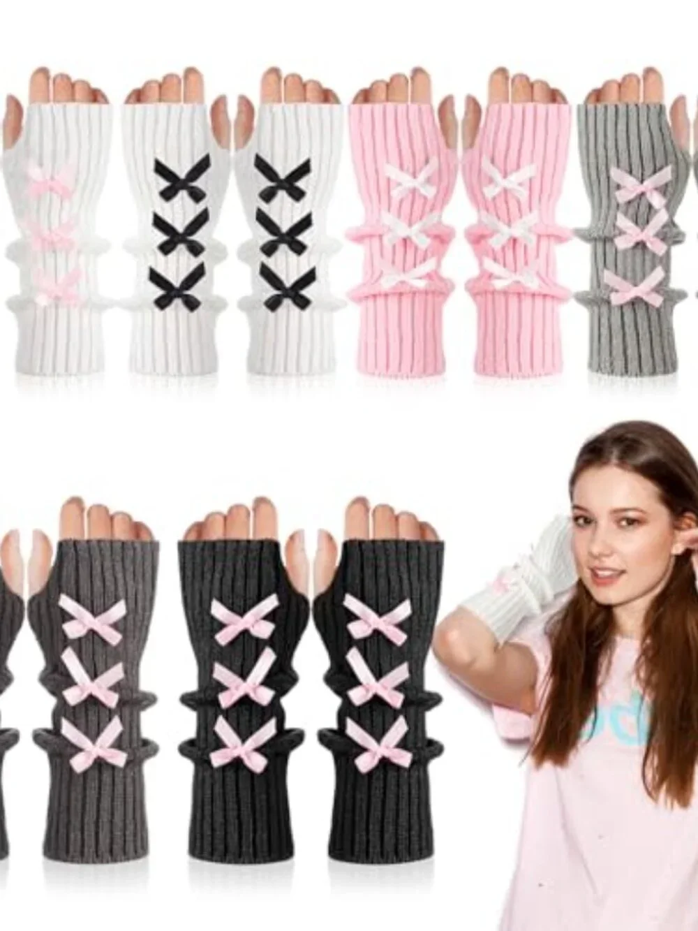 6 Pairs Fingerless Gloves Arm Warmers Knit Stretchy Acrylic